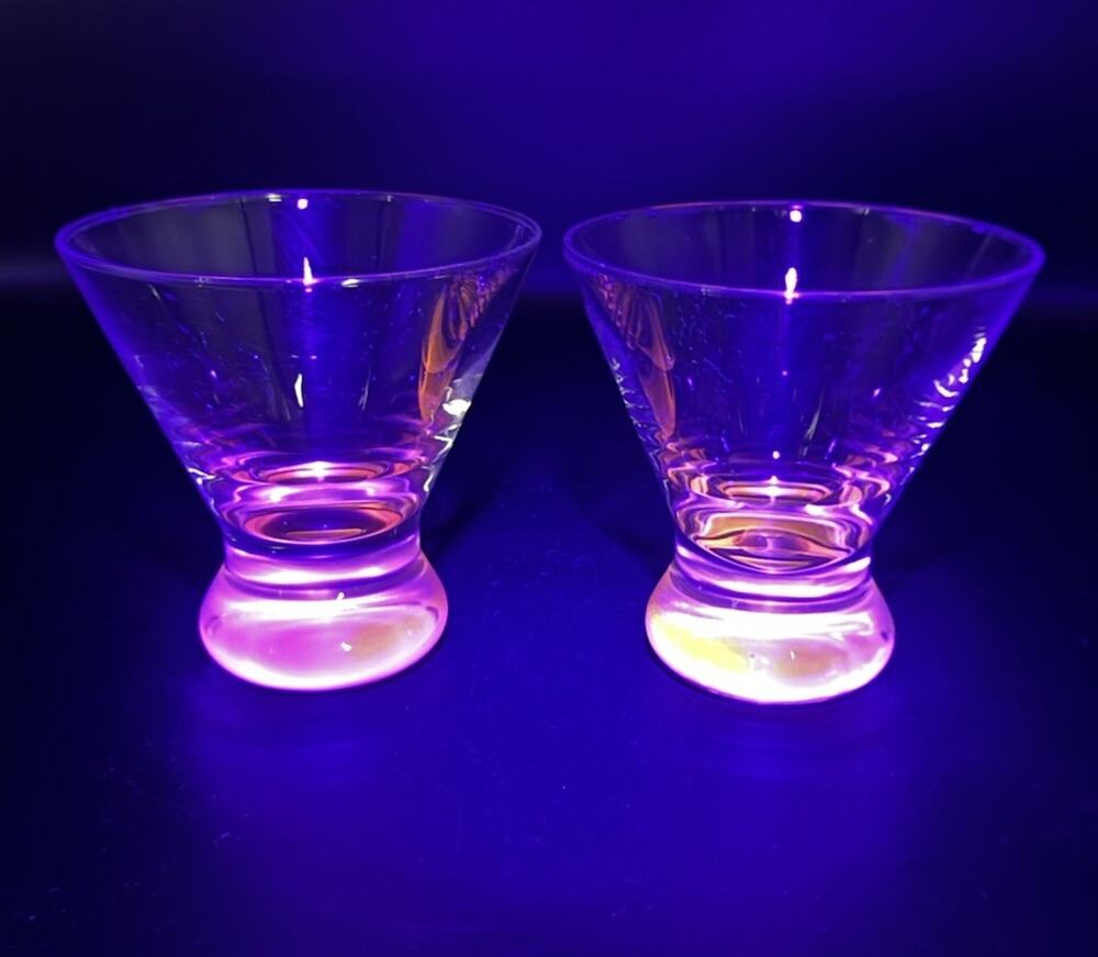 Crate & Barrel Dizzy Pink Cocktail Glasses Set of 2 UV Reactive 4” Discontinued